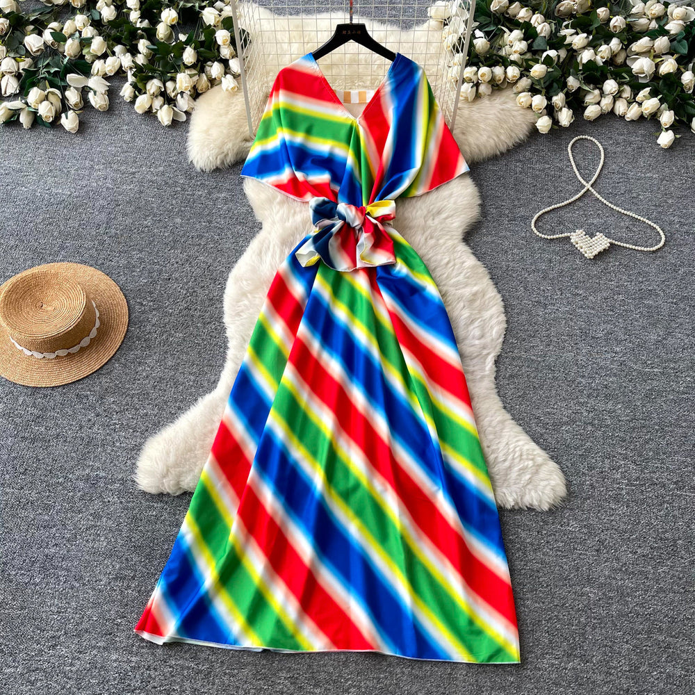 Vacation style v neckcolorfulstripesstylishdress women's summer waist slimming lookelegant long skirt work clothing outfit