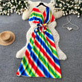 Vacation style v neckcolorfulstripesstylishdress women's summer waist slimming lookelegant long skirt work clothing outfit