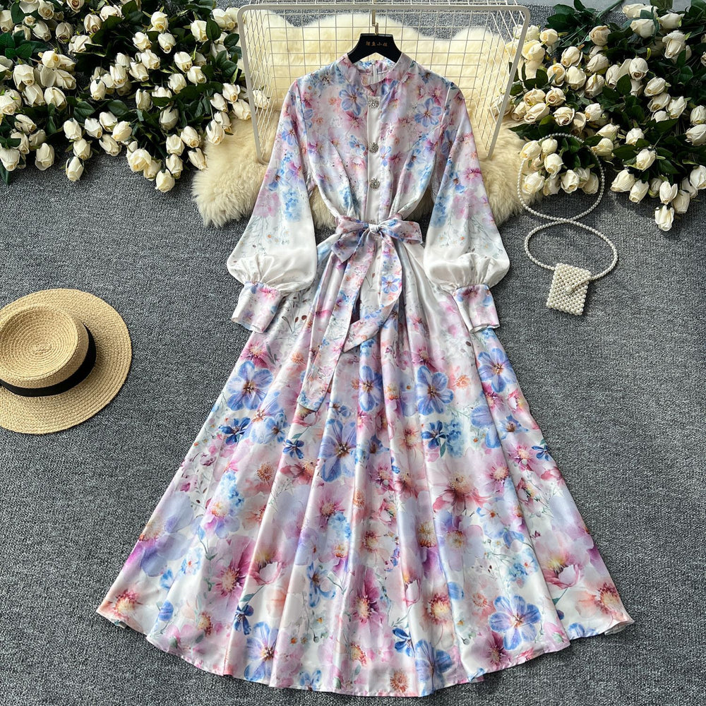 Palace retrofrenchclassydress women's long waist strap stand collar lantern long sleeves printingdress
