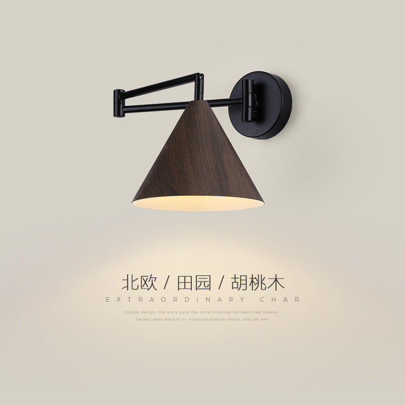 Wall lamp simple Nordic wood grain rocker arm lamp Japanese living room bedroom retractable displacement folding bedside reading lamp