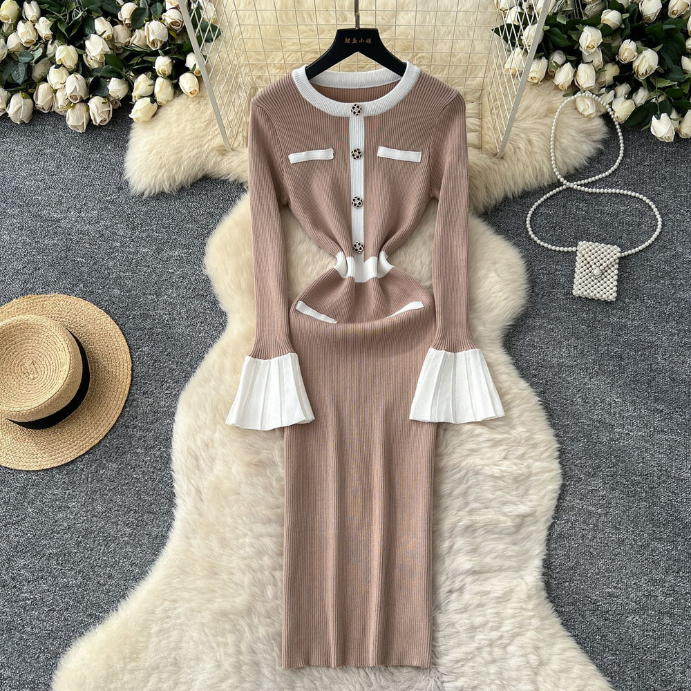 Xiaoxiangfengclassy contrast color bell sleeves knittingdress women's autumn wear new arrival tight hip covering sweater skirt