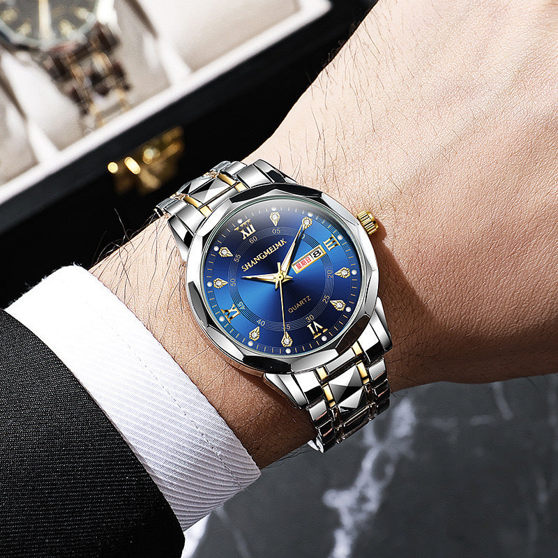 2025 men's watch - cross-border, luminous, waterproof, dual calendar, stainless steel band, quartz movement - wholesale for cross-border e-commerce