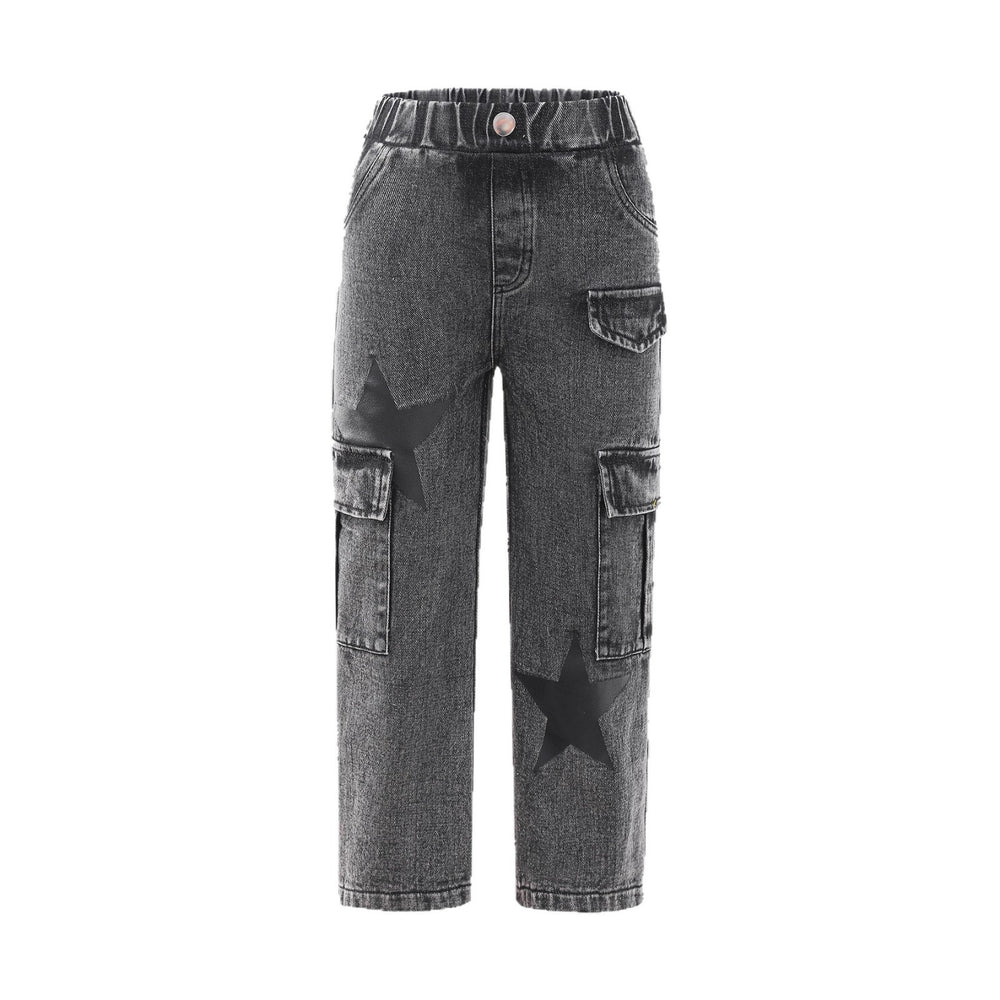 kidsjeansfashion style star printing large flap pocket pants gray girl loose pants cool children's clothing pants