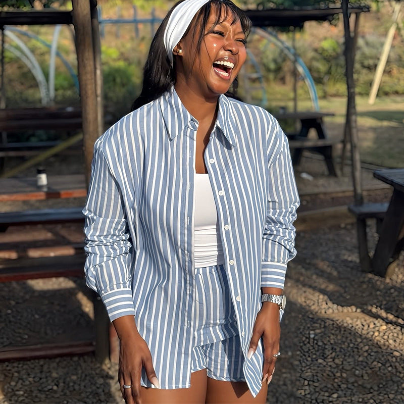 European and american cross-border women's fashion:  autumn new collection - stylish turn-down collar, loose fit, long sleeve striped shirt and high-waisted shorts set