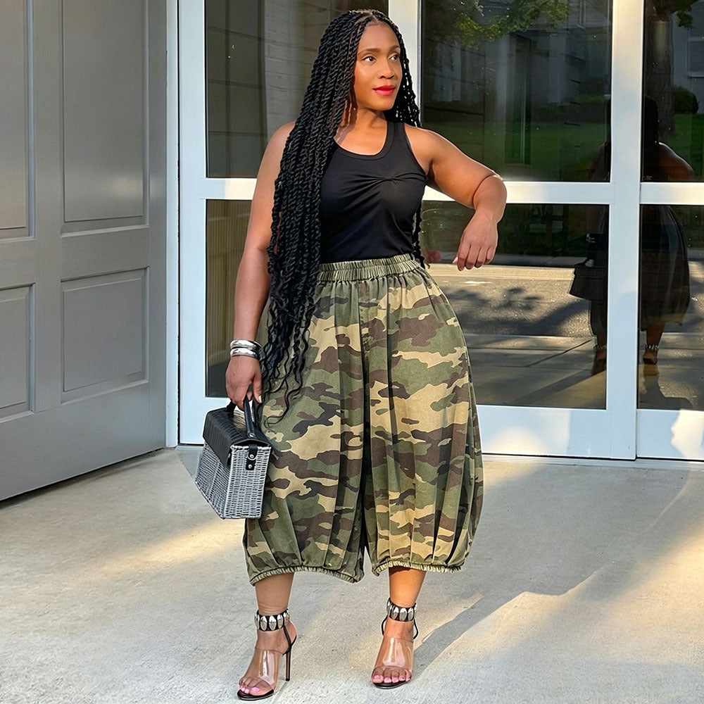 European and american style camouflage wide-leg cropped pants -  cross-border casual women's wear - elastic waist, loose fit, plus size jeans