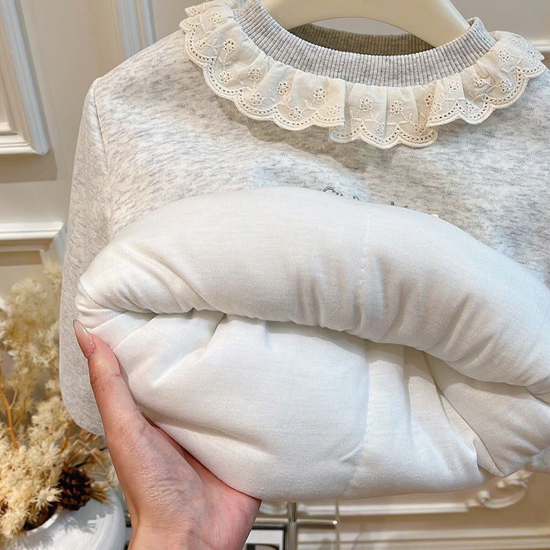 Girls' autumn/winter three-layer quilted padded sweatshirt, korean style trendy top, baby girl long-sleeved warm base layer