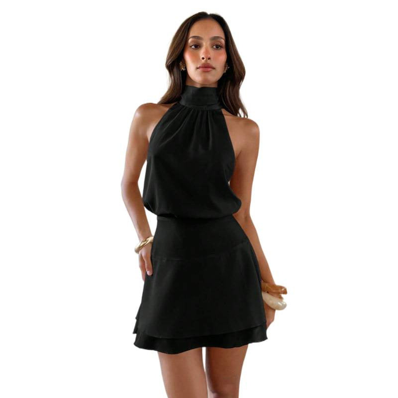 european and american women's halter neck bowknot backless cinched waist double-layer skirt sleeveless dress - perfect for banquets and workwear