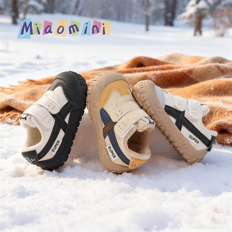 Baby boys' first walker shoes, soft sole kids' shoes, autumn/winter double-layer cotton shoes, casual toddler sneakers, anti-slip skate shoes for boys and girls