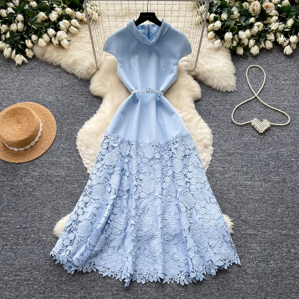 Elegant lace patchwork high-waisted a-line dress - slimming, figure-flattering, and perfect for summer events
