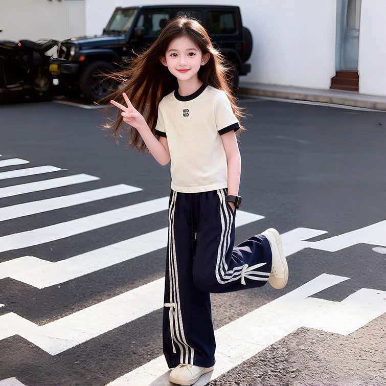 Girls' summer short-sleeve outfit:  spring/summer new collection - kids' letter print two-piece set with striped bow wide-leg pants