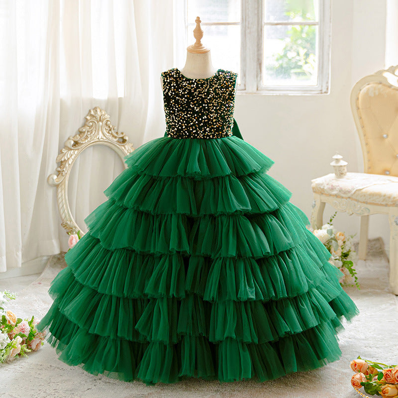 Girls' evening gown with bow detail, open back, light luxury chanel style, high-end children's runway/piano performance dress - in stock