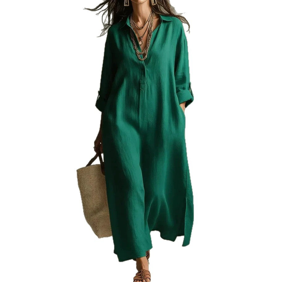fashion spring and summer new arrivaldresspure color lapel casuallong sleevesshirt skirt lazy style cotton and linen