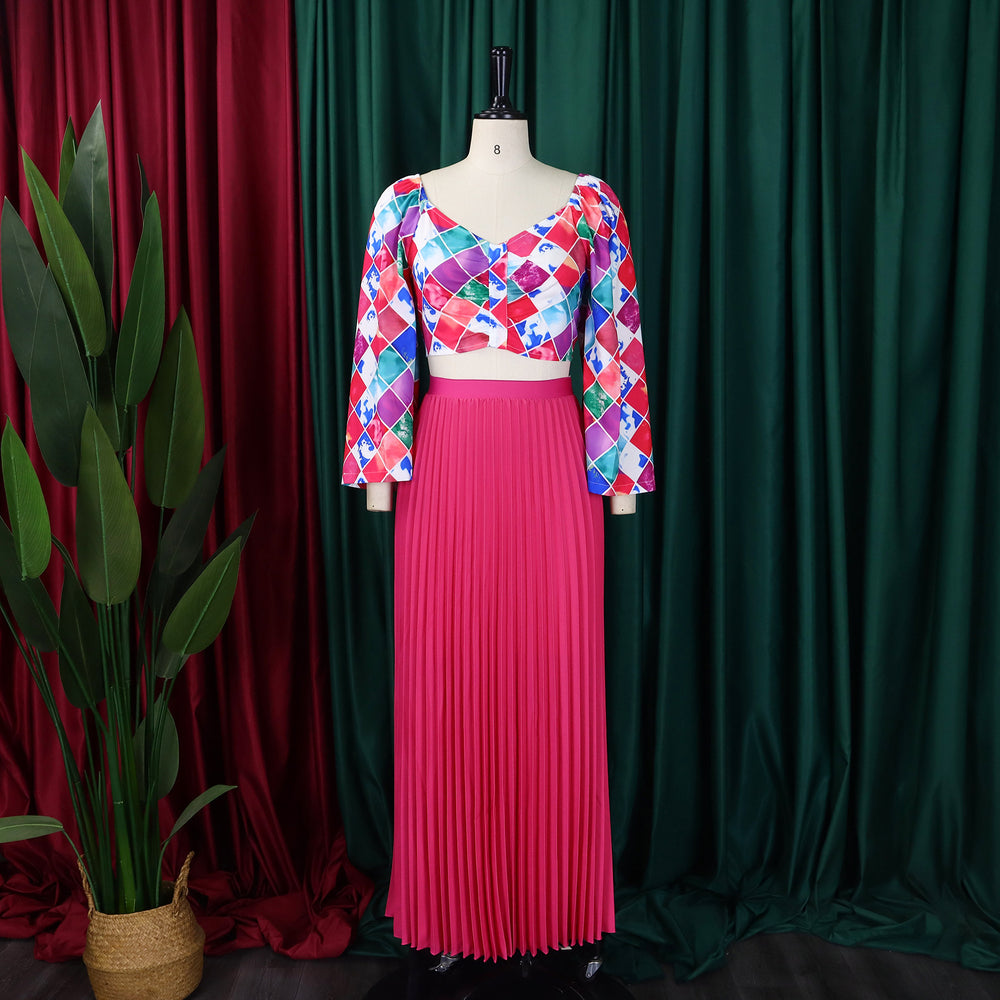 D3262 women's summer new arrival: fashionable v-neck printed top and pleated maxi skirt african two-piece set - cross-border outfit