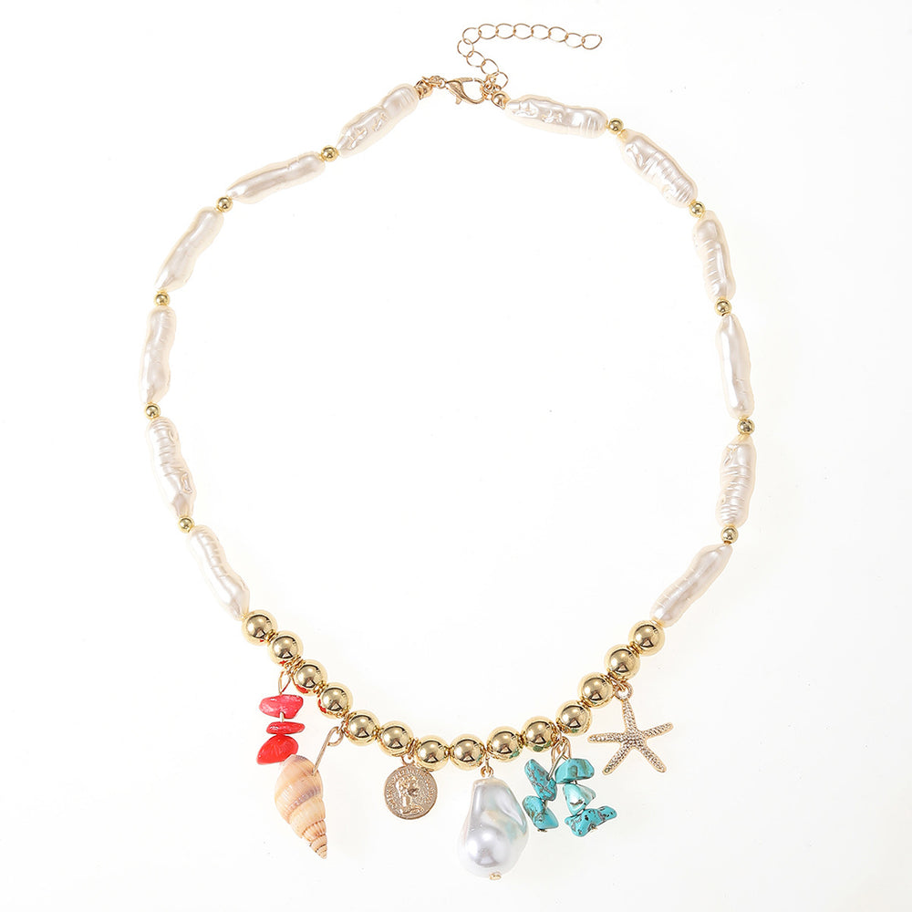 bohemian style colorful gravel starfish necklace niche styleasymmetrical imitation pearl string clavicle chain accessories