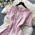 French-style cutout embroidered a-line dress - women's summer short sleeve high waist slimming elegant maxi dress