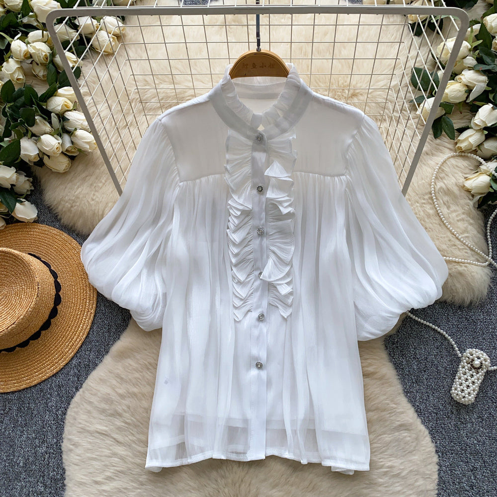 French chic lantern sleeve ruffle blouse - women's summer top: soft, breathable, high-end design, perfect for work