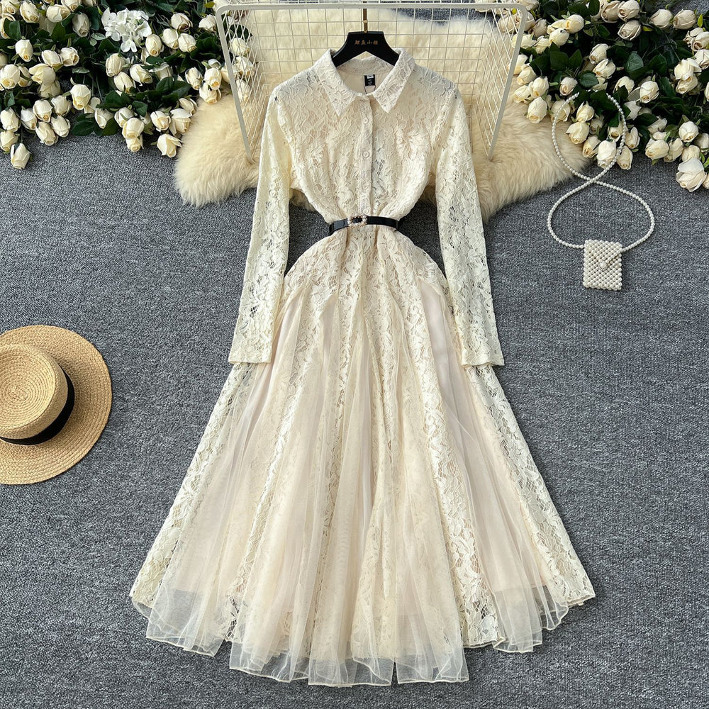French retroelegancedress women's winter classy crochet lacepatchwork mesh asymmetrical over-the-knee long skirt