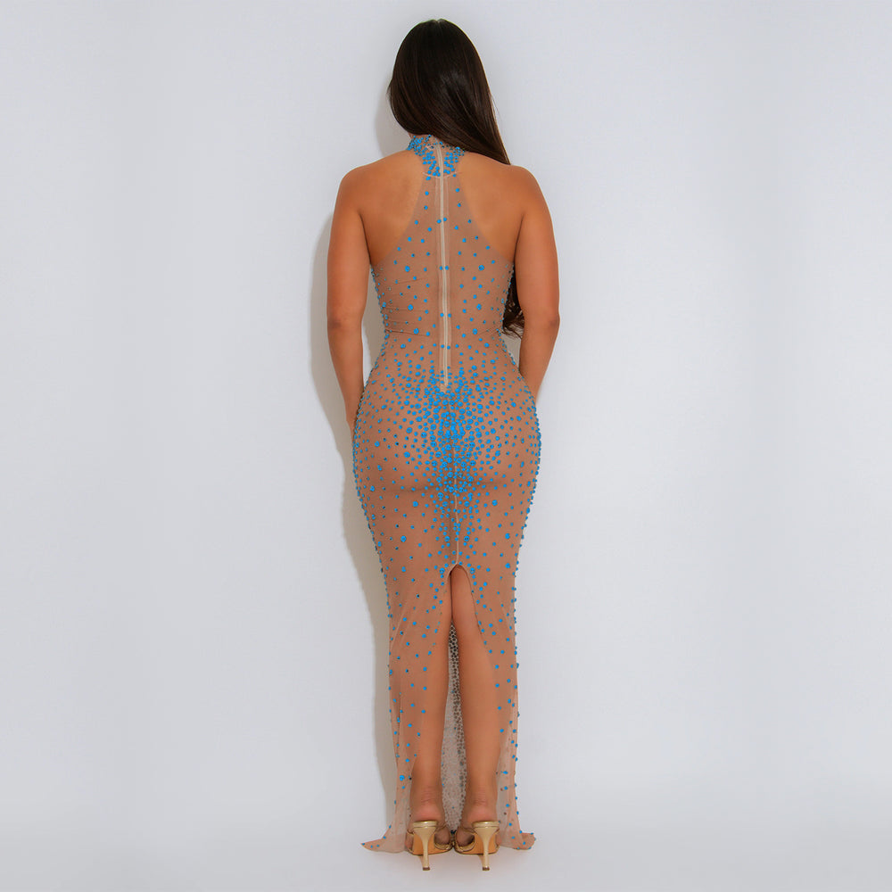C7619 cross-border   fashion women's sexy see-through mesh rhinestone bodycon dress