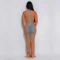 C7619 cross-border   fashion women's sexy see-through mesh rhinestone bodycon dress