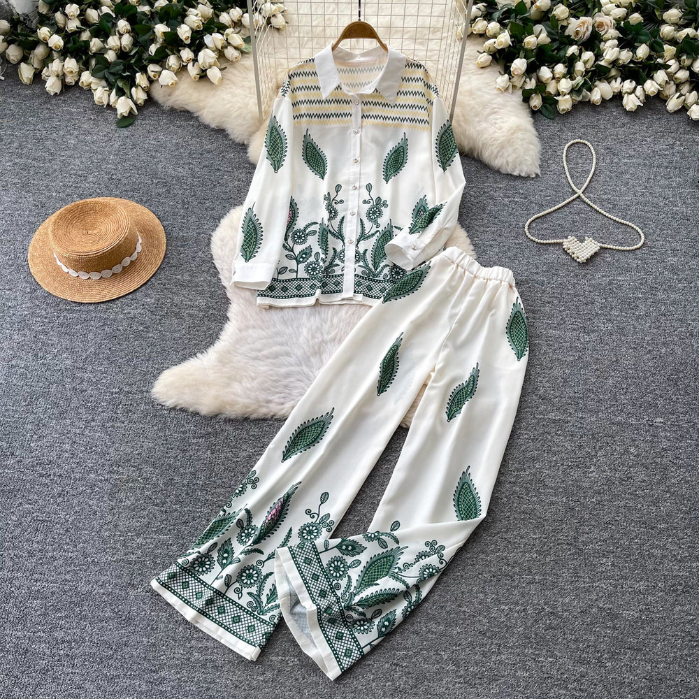 Export cross-border retroprintingfashiontwo-piece set women's polo collar long sleevesshirtloose pantselegantwork clothingsuit