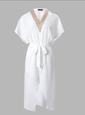 european and american summer fashion trend: mature women's lace-trimmed v-neck tie-up slit casual dress