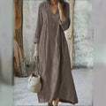 New arrival: cross-border  women's cotton linen v-neck maxi dress - fashionable, casual, long sleeve, button-down, loose fit
