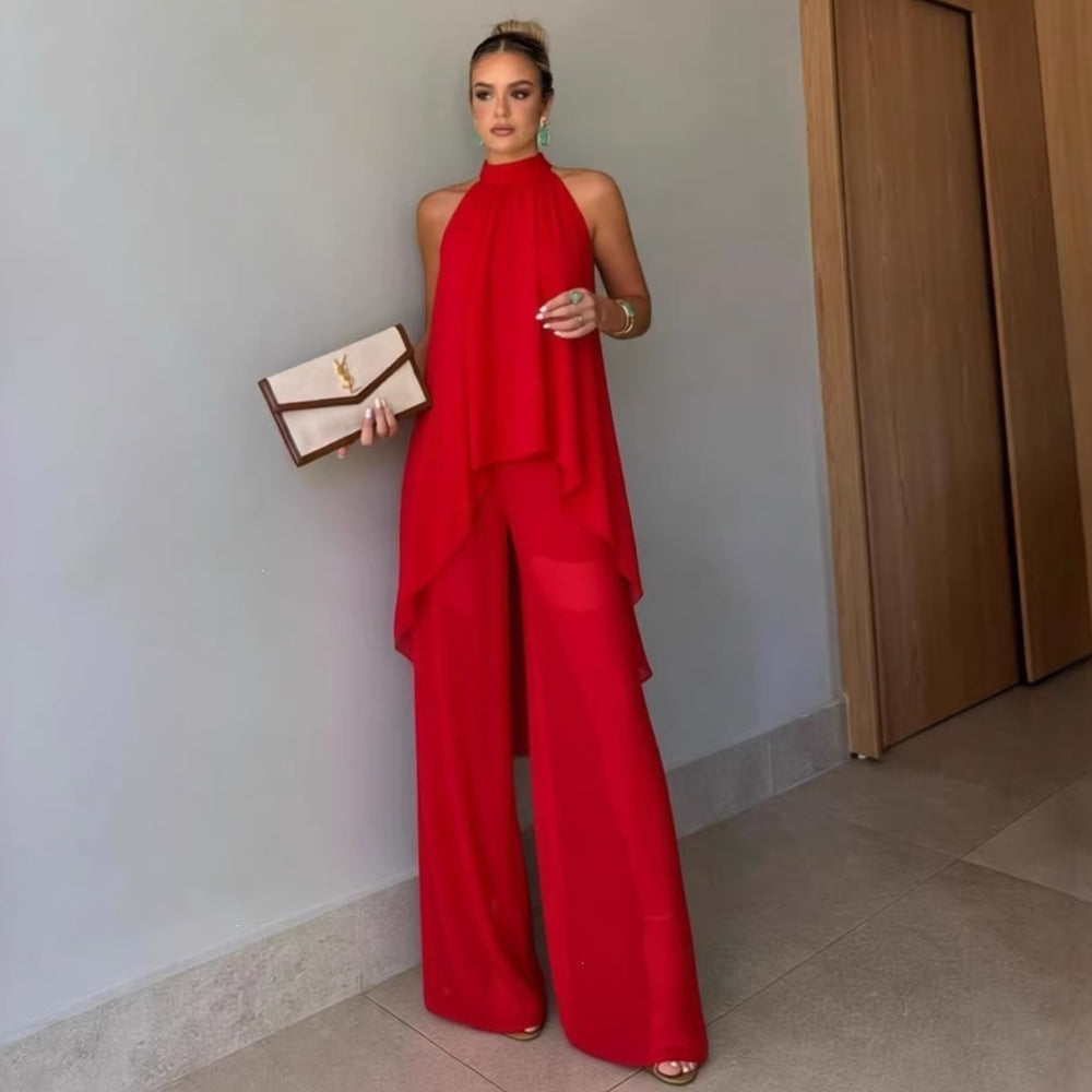 Independent station fashion cross-border  summer fashioncasual asymmetrical sleeveless elegantpure color pants suit women's clothing