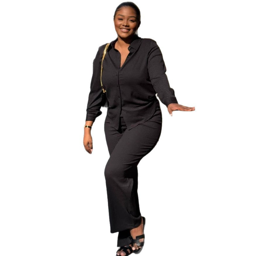 European and American large-size lapel cardigan shirt black trousers African new loose long-sleeved women's fashion two-piece set trendy