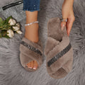 Wholesale autumn/winter new arrival criss-cross color chain rhinestone trendy fashion indoor home anti-slip warm soft fuzzy slippers