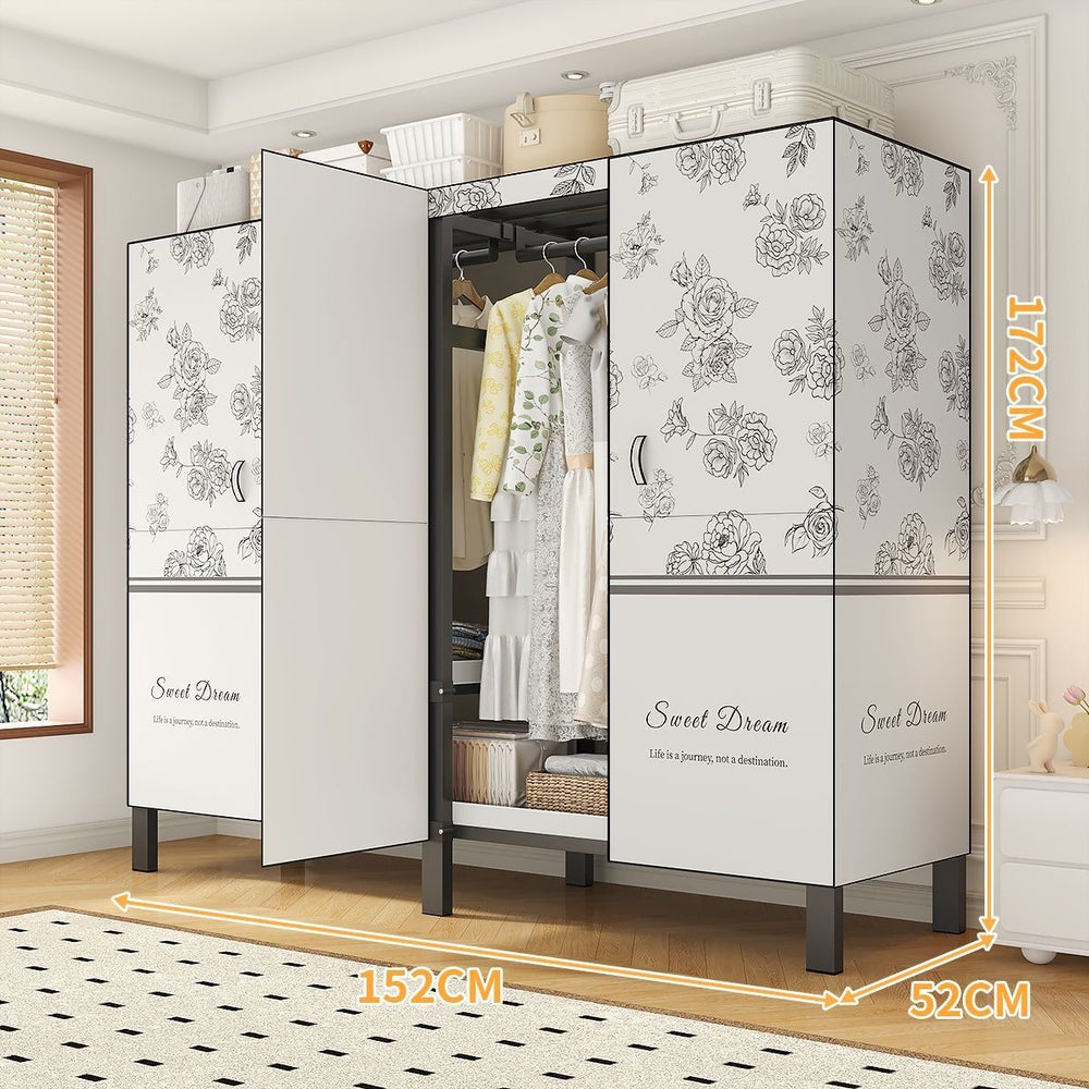 Easy-to-assemble, foldable wardrobe for bedrooms, ideal for home use or rental properties. dustproof, moisture-proof, with reinforced construction, fully sealed, and mildew-resistant. features a convenient swing-out door