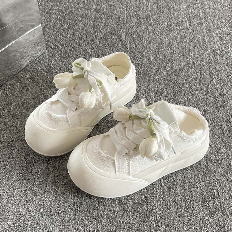 Two-way slip-on chunky sole canvas sneakers for women, 2026 new spring and autumn style, student white sneakers, bread shoes for women