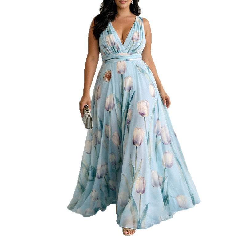 women's summer new arrivals: european and american style cross-border dress - elegant printed, waist-cinching v-neck dress