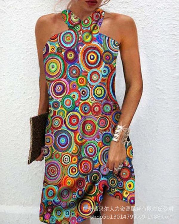 Foreign trade 2023 European and American new psychedelic colorful spiral printing neck mini dress