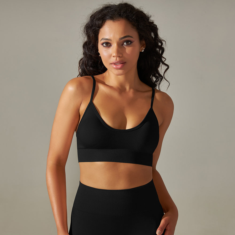 New arrival seamless knittingsexy back yoga clothes thin shoulder strap sports bra bubble wrap push-up fitness vest