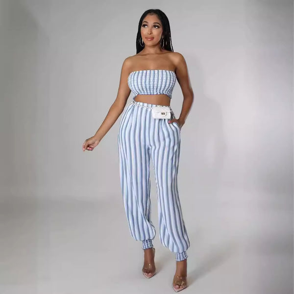 YZ1363 European and American  women's clothing  striped printing sexy fashion Wrap chest leggings two-piece set