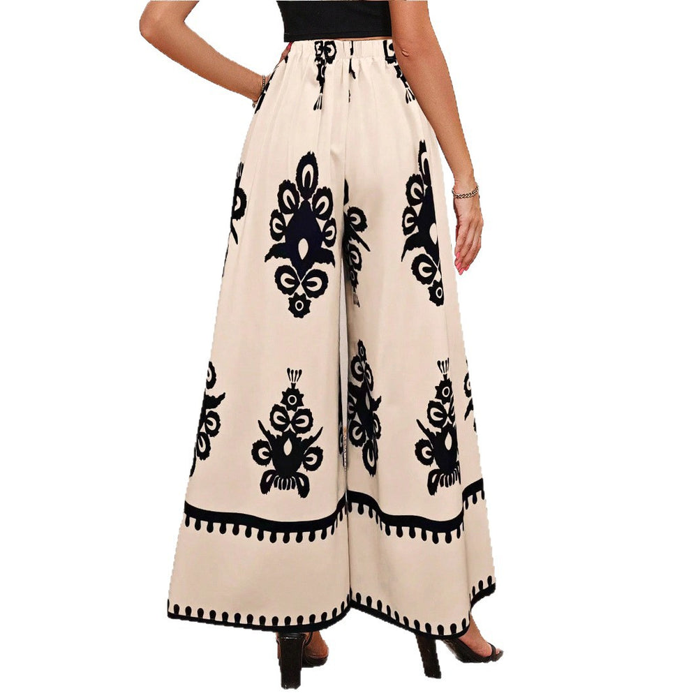 Amazon summer new chiffon leaf print casual pants elegant high waist wide leg pants women's summer wide leg trousers