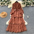 Frenchclassyretrolacepatchwork lantern sleeve dress women's autum strap waist slimming lookelegance long dress
