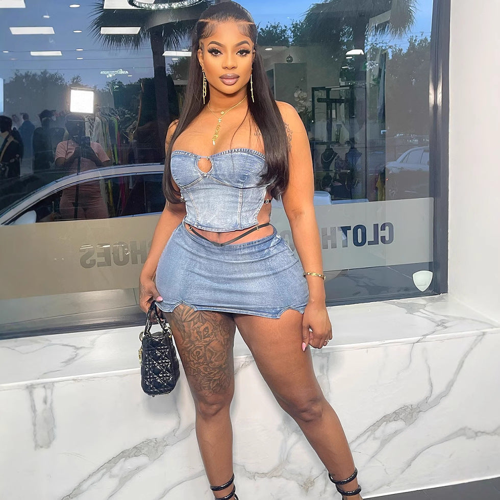 European and american style women's denim skirt set -  cross-border fashion - sexy bandeau denim top with slit mini skirt