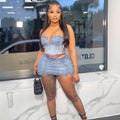 European and american style women's denim skirt set -  cross-border fashion - sexy bandeau denim top with slit mini skirt