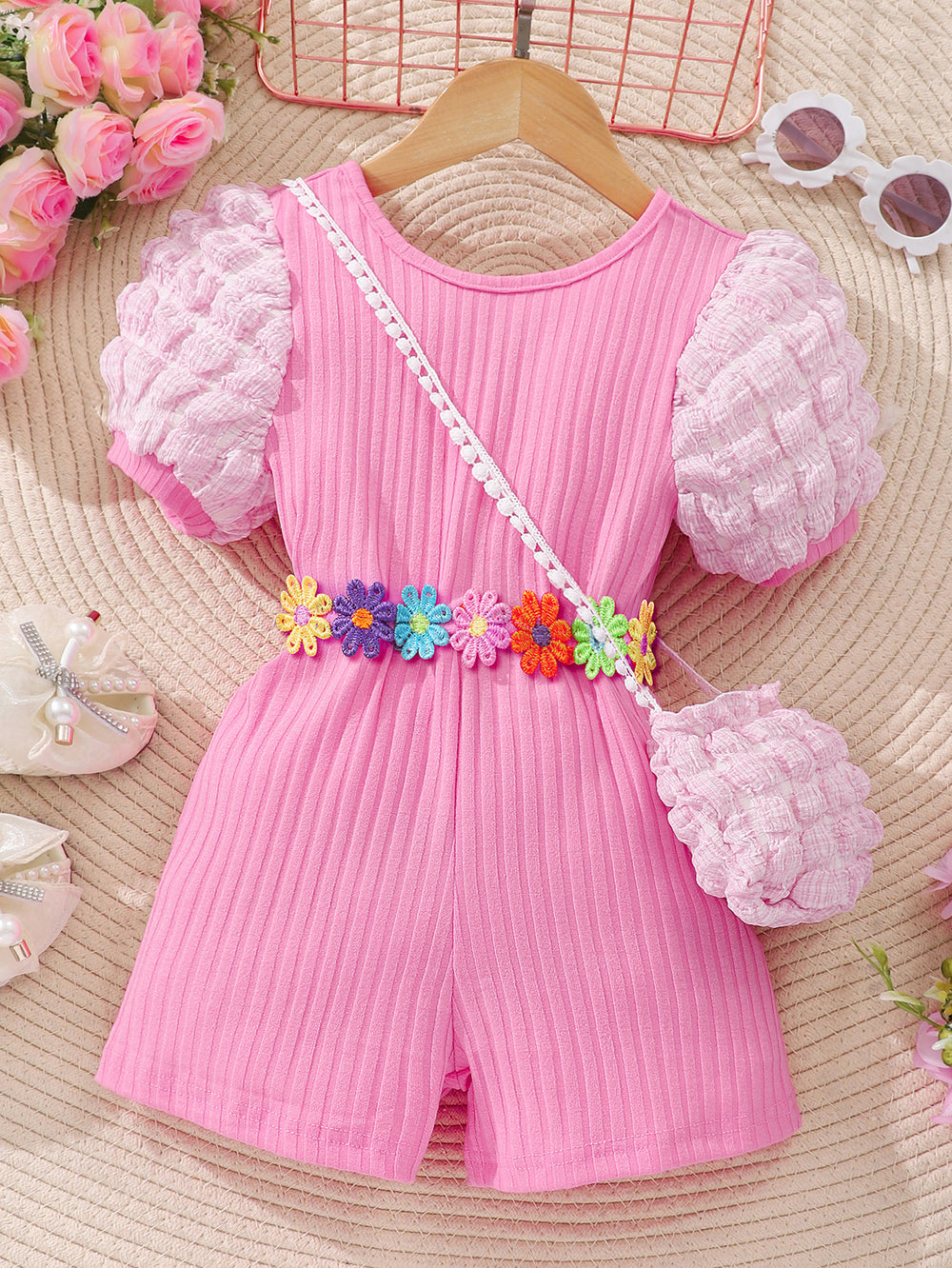 Kids' bubble sleeve ribbed romper with criss-cross back and matching bag