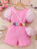 Kids' bubble sleeve ribbed romper with criss-cross back and matching bag