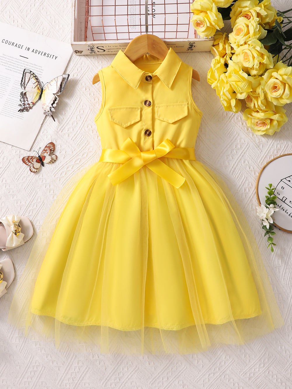 Girls' (sizes) solid color sleeveless turn-down collar mesh dress with woven belt