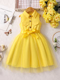 Girls' (sizes) solid color sleeveless turn-down collar mesh dress with woven belt