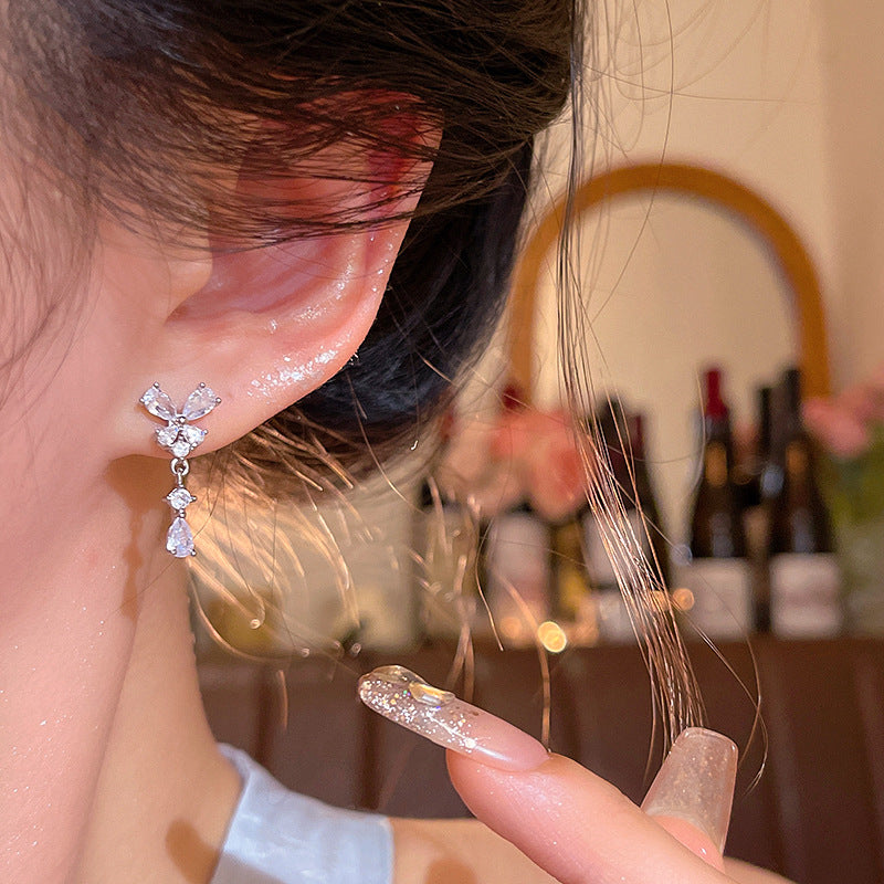 Japanese and korean silver sparkling zircon butterfly teardrop stud earrings - women's unique, elegant, and high-end style - 2026 new hot seller