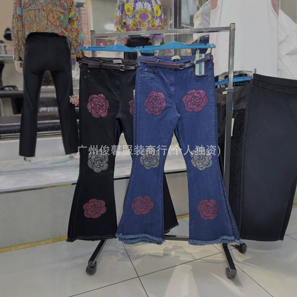 Boyfriend jeans availablenew arrivalheavy industry embroider hot diamond wide leg jeans women's straight-leg pants