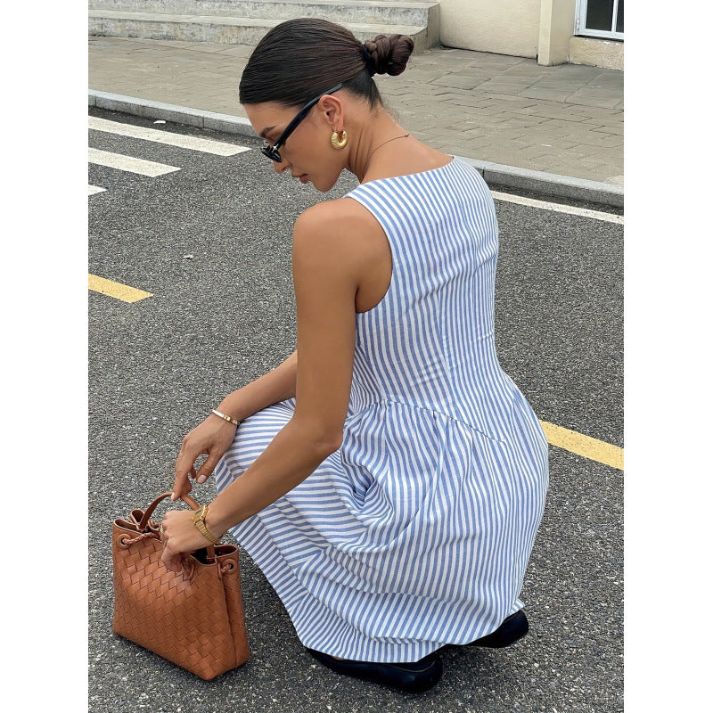Aliexpress cross-border original design: women's square neck striped elegant dress for everyday wear