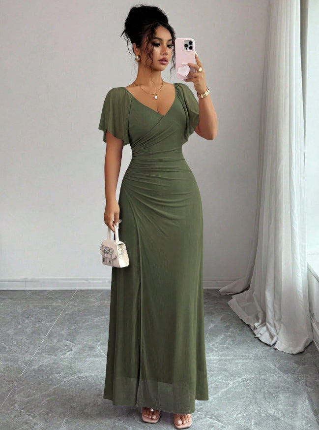 summer new arrival:  tume european and american v-neck drawstring tie sexy short-sleeve solid color dress