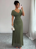 summer new arrival:  tume european and american v-neck drawstring tie sexy short-sleeve solid color dress