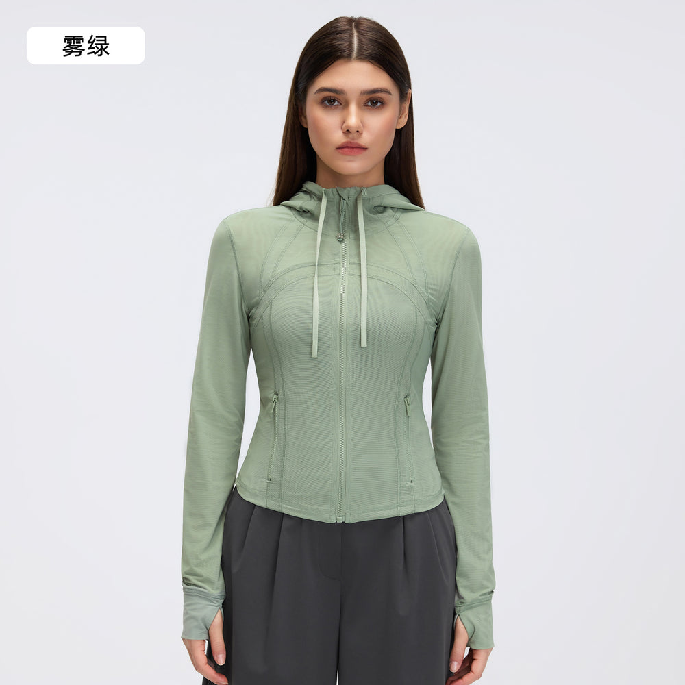 Breathable mesh hooded yoga jacket - women's slim fit, barely-there feel, zip-up running & workout jacket d26056