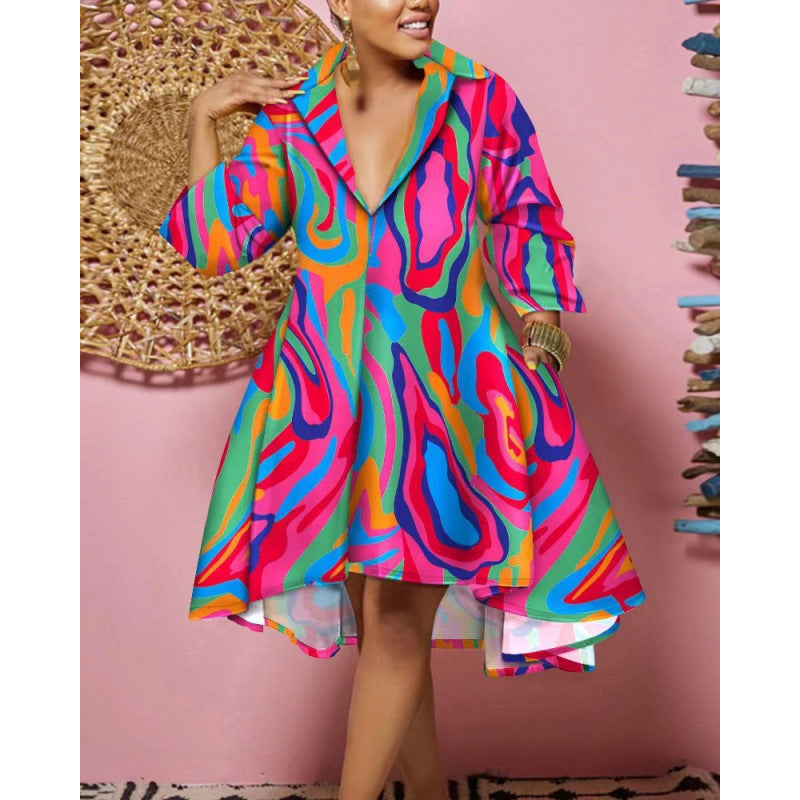 Fashion cross-border independent station  new arrival shirt collar loosefashionprintingdress for women